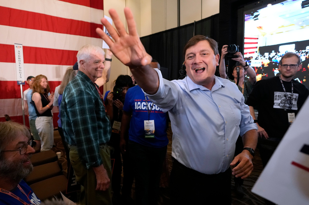 Troy Jackson, Democratic candidate for U.S. Senate, acknowledges supporters at the Maine Democratic Nominating Convention, Saturday, July 25, 2026, in Bangor, Maine. (AP Photo/Robert F. Bukaty)
