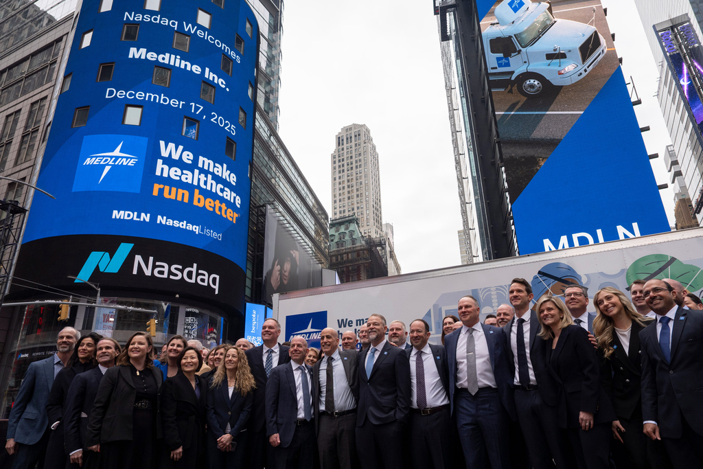 Jim Boyle, CEO of Medline Industries, poses for a picture outside the Nasdaq MarketSite, Wednesday, Dec. 17, 2025, in New York. (AP Photo/Yuki Iwamura)