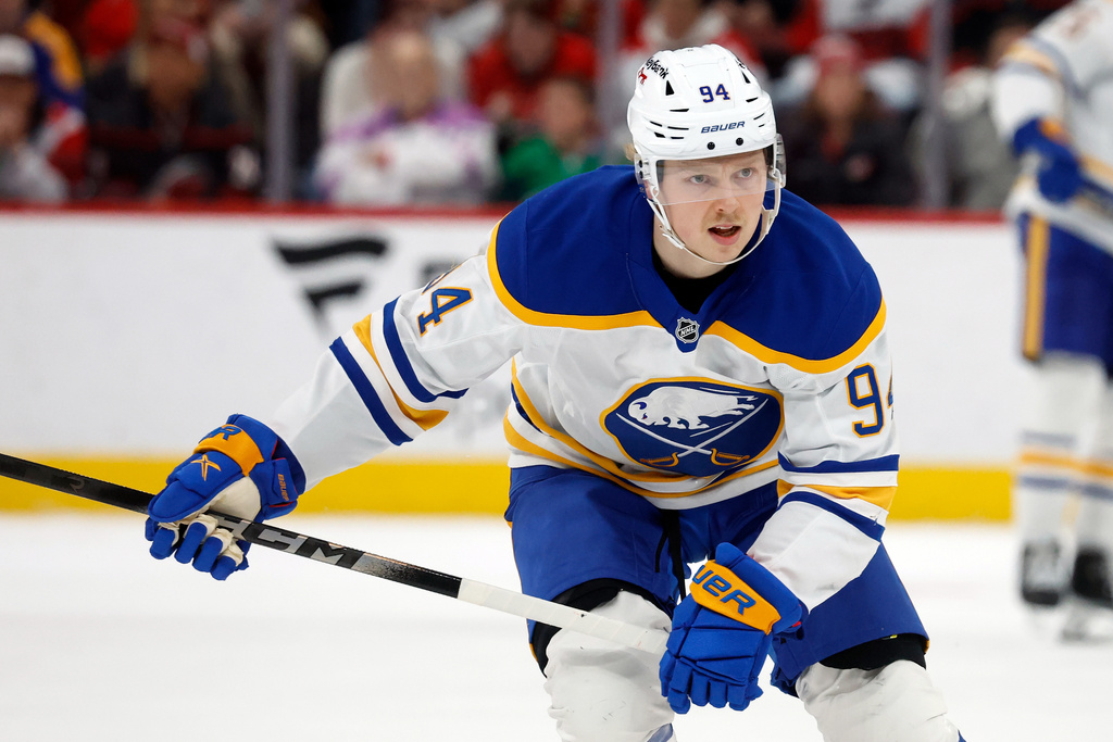 Buffalo Sabres' Konsta Helenius skates after the puck during the third period of an NHL hockey game against the Carolina Hurricanes in Raleigh, N.C., Monday, Jan. 19, 2026. (AP Photo/Karl DeBlaker)