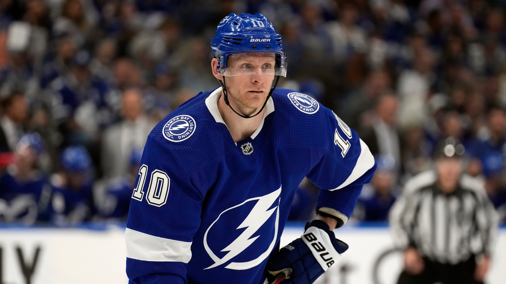 FILE - Tampa Bay Lightning right wing Corey Perry (10) against the Toronto Maple Leafs during the second period in Game 4 of an NHL hockey Stanley Cup first-round playoff series, April 24, 2023, in Tampa, Fla. (AP Photo/Chris O'Meara, File)