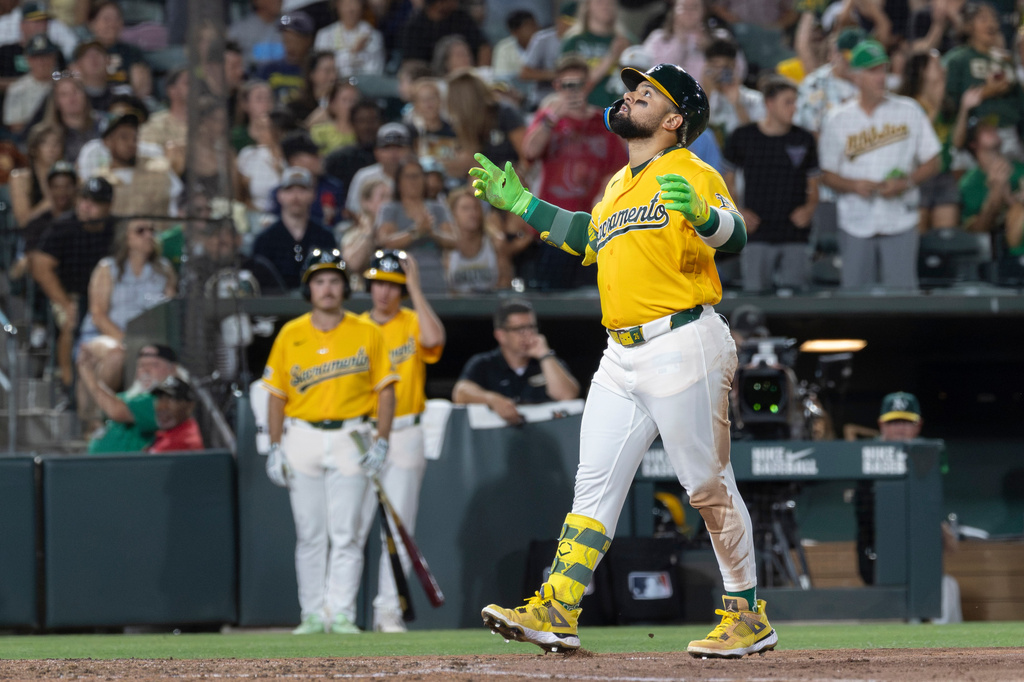Athletics' Carlos Cortes runs the bases after hitting a home run during the seventh inning of a baseball game against the Washington Nationals, Saturday, July 18, 2026, in West Sacramento, Calif. (AP Photo/Sara Nevis)