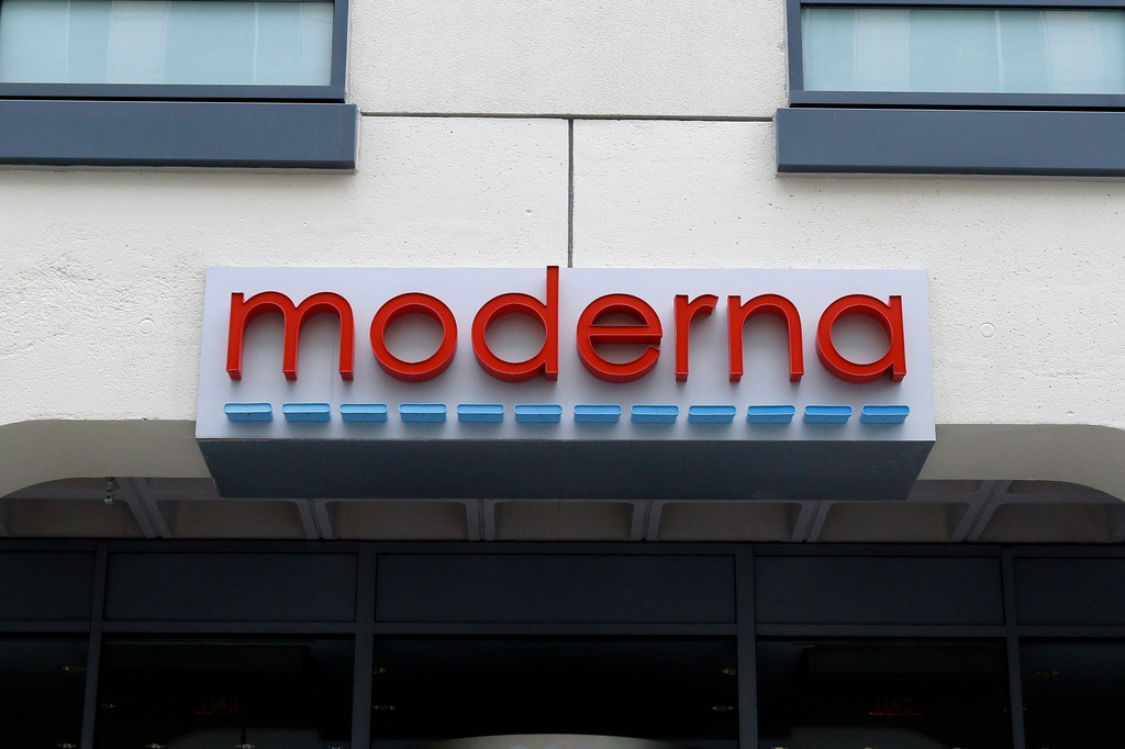 FILE - A sign marks an entrance to a Moderna building in Cambridge, Mass., May 18, 2020. (AP Photo/Bill Sikes, File)prnto