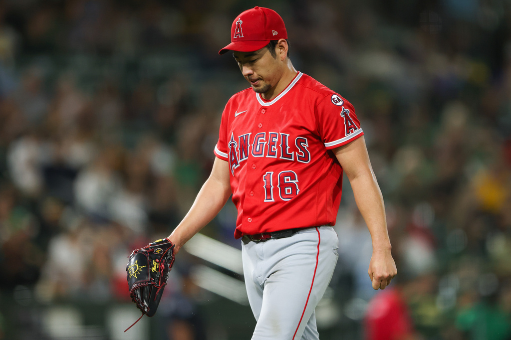 Los Angeles Angels pitcher Yusei Kikuchi walks to the dugout after being pulled from the game during the sixth inning of a baseball game against the Athletics Tuesday, Sept. 22, 2026, in West Sacramento, Calif. (AP Photo/Scott Marshall)