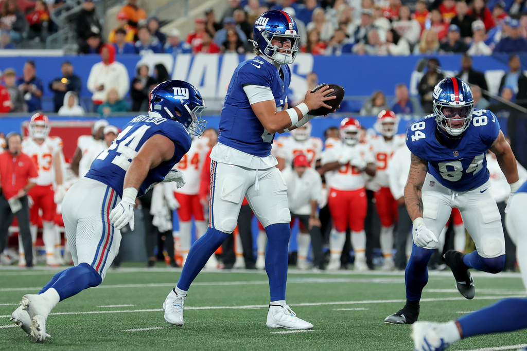 FILE - New York Giants quarterback Jaxson Dart (6) and running back Cam Skattebo (44) in action against the Kansas City Chiefs during an NFL football game on Sunday, Sep. 21, 2025, in East Rutherford, N.J. (Brad Penner/AP Images for Panini, file)