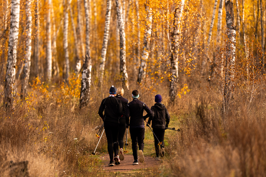 Biathletes Yekateryna Mashtalier, 18, Mykola Dorofeiev, 16, Maksym Kravchenko, 17, and Nazar Kravchenko, 12, run during a training session at the ski base in Chernihiv, Ukraine, Thursday, Oct. 30, 2025. (AP Photo/Julia Demaree Nikhinson)