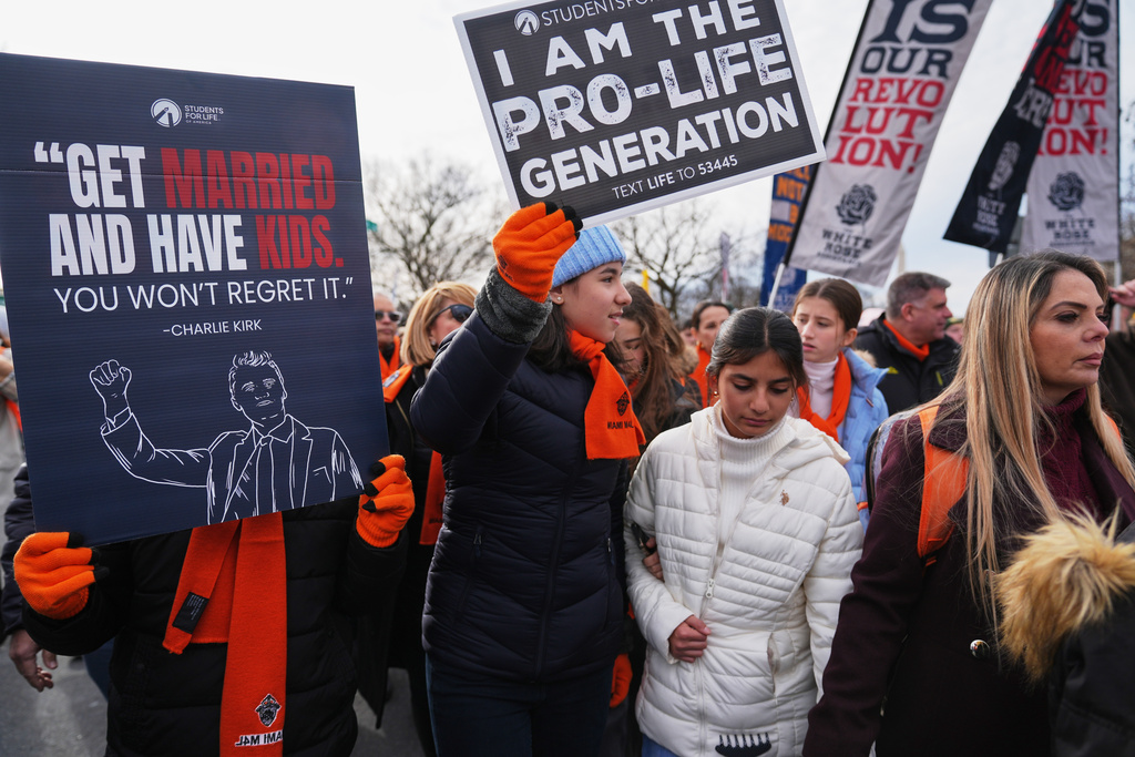 Anti-abortion demonstrators walk to the Supreme Court during the annual March for Life, Friday, Jan. 23, 2026, in Washington. (AP Photo/Stephanie Scarbrough)