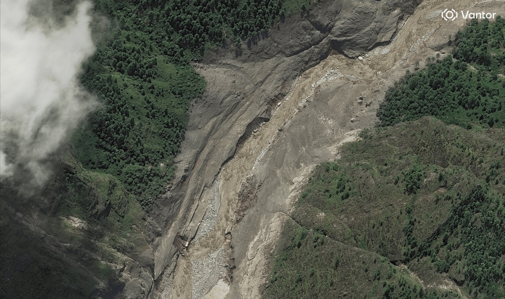 This satellite image provided by Vantor shows the Trishuli River along Rasuwagadhi hydro plant in Nepal Friday, Aug. 28, 2026. (Satellite image ©2026 Vantor via AP)