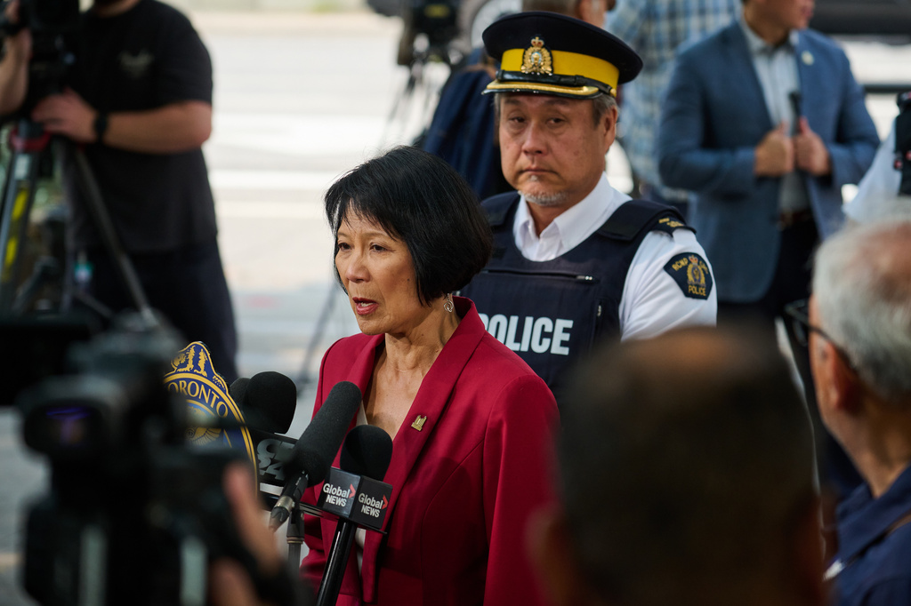 Toronto Mayor Olivia Chow speaks to media after a shot was fired at the U.S. Consulate in Toronto, on Monday, July 27, 2026. (Sammy Kogan/The Canadian Press via AP)