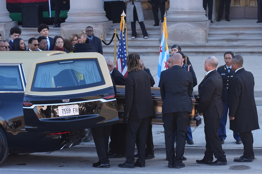 The casket with Reverend Jesse Jackson arrives before a public visitation at Rainbow/PUSH Coalition in Chicago, Thursday, Feb. 26, 2026. (AP Photo/Nam Y. Huh)