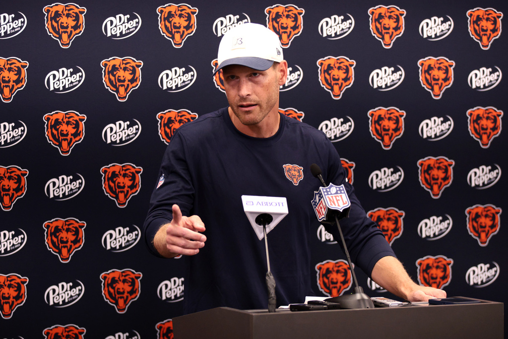 Chicago Bears head coach Ben Johnson speaks in a press conference after an NFL football game, Sunday, Sept. 13, 2026, in Charlotte, N.C. (AP Photo/Scott Kinser)