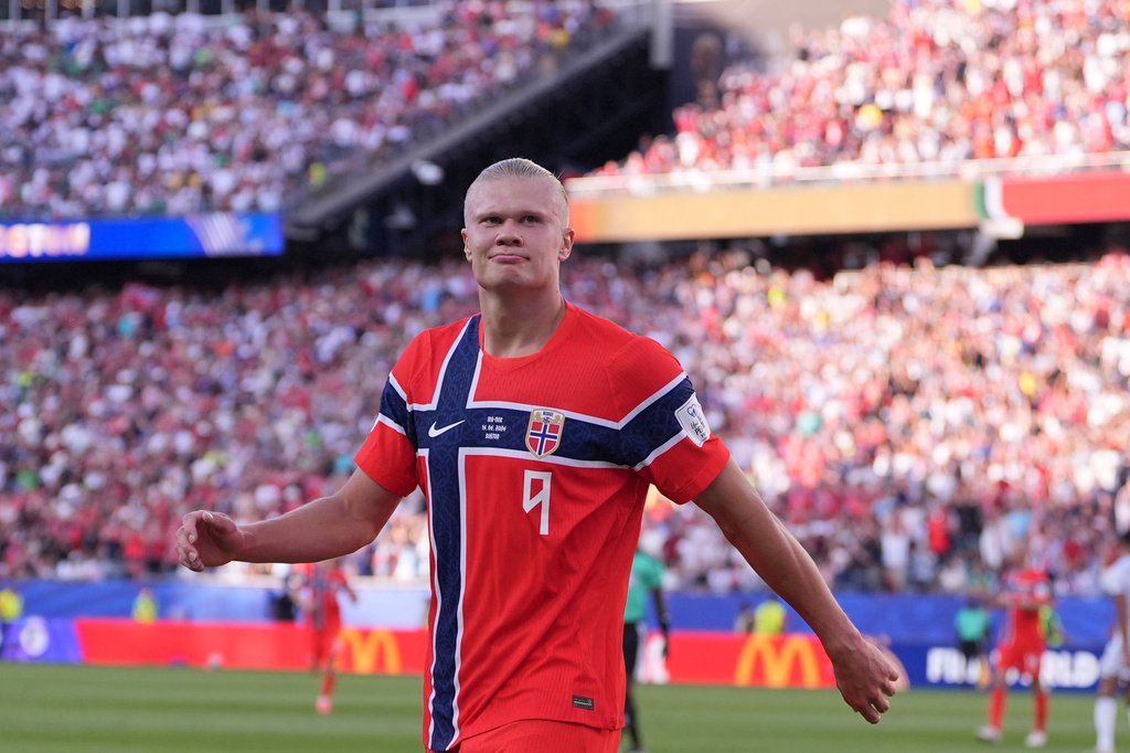 Norway's Erling Haaland (9) celebrates after scoring his side's second goal during the World Cup Group I soccer match between Iraq and Norway in Foxborough, Mass., near Boston, Tuesday, June 16, 2026. (AP Photo/Charles Krupa)