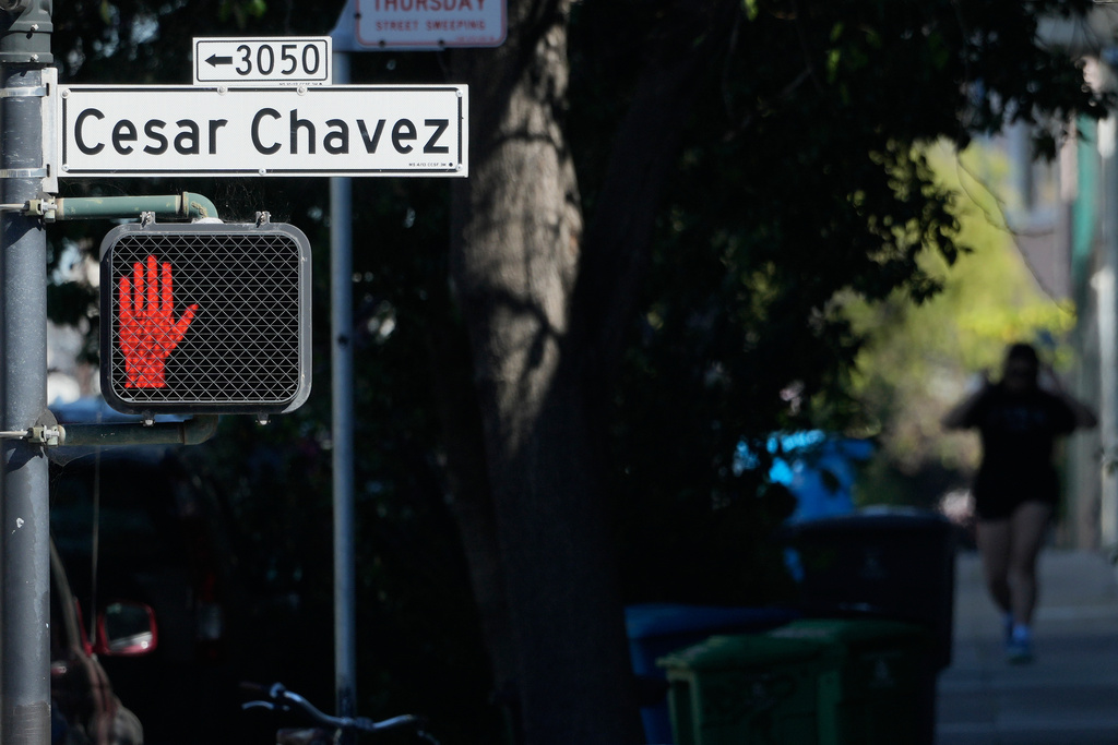 A César Chavez Street sign is shown in San Francisco, Wednesday, March 18, 2026. (AP Photo/Jeff Chiu)