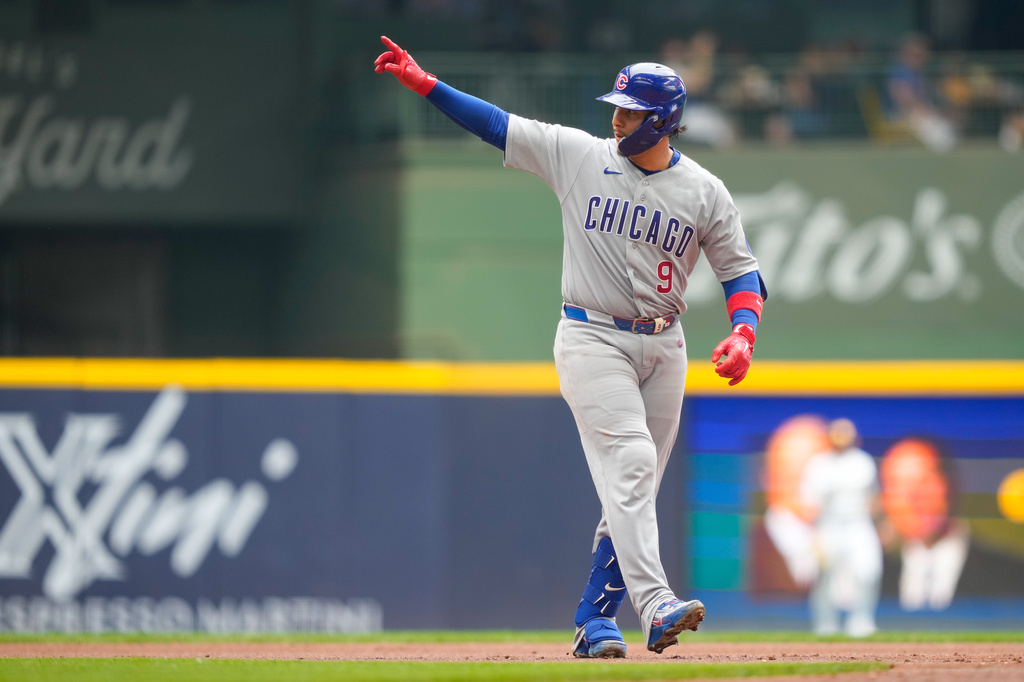 Chicago Cubs' Miguel Amaya reacts after hitting a double during the third inning of a baseball game against the Milwaukee Brewers, Sunday, June 28, 2026, in Milwaukee. (AP Photo/Kayla Wolf)