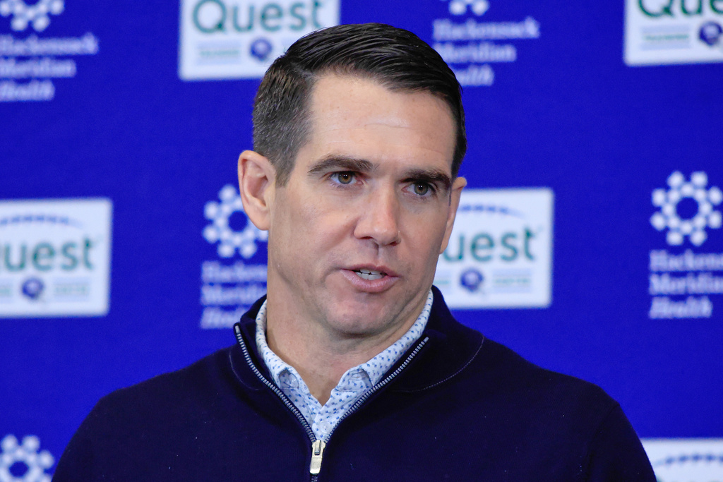 Joe Schoen, senior vice president and general manager of the New York Giants, speaks during an NFL football press conference, Tuesday, Dec. 2, 2025, in East Rutherford, N.J. (AP Photo/Kena Betancur)