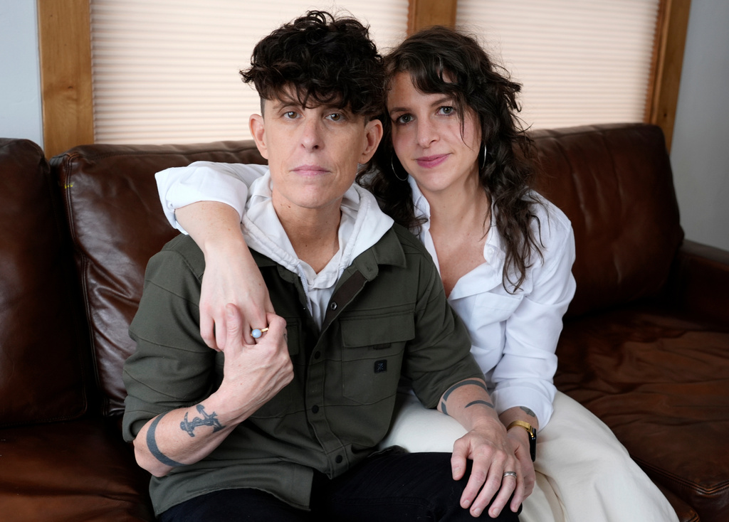 FILE - Andrea Gibson, left, and Megan Falley, subjects of the film "Come See Me in the Good Light," pose for a portrait during the Sundance Film Festival in Park City, Utah on Jan. 25, 2025. (AP Photo/Chris Pizzello, File)