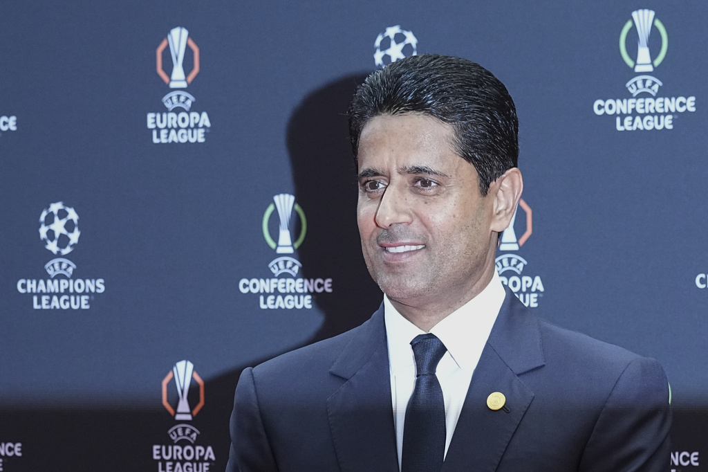 PSG president Nasser Al-Khelaifi smiles before the Champions League soccer league phase draw in Monaco, Thursday, Aug. 28, 2025. (AP Photo/Laurent Cipriani)