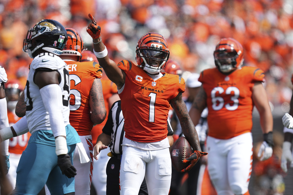 Cincinnati Bengals wide receiver Ja'Marr Chase (1) signals for a first down during the second half of an NFL football game against the Jacksonville Jaguars, Sunday, Sept. 14, 2025, in Cincinnati. (AP Photo/Jeff Dean)