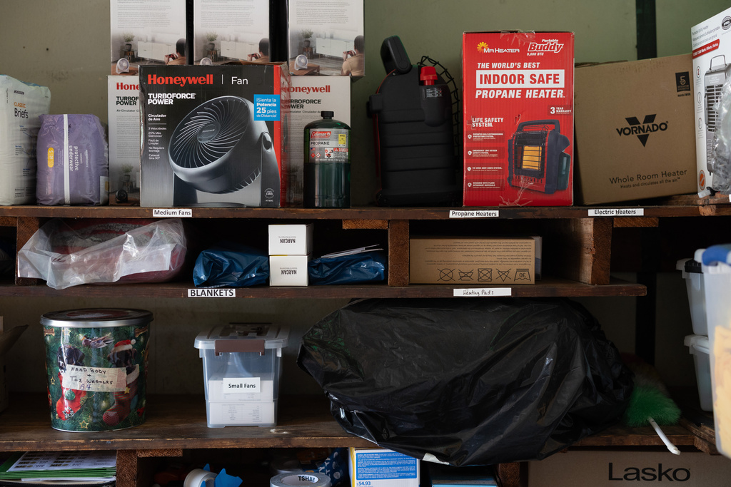 Emergency supplies are shown inside Doris Brown's home on Wednesday, Oct. 8, 2025, in Houston. (AP Photo/Antranik Tavitian)