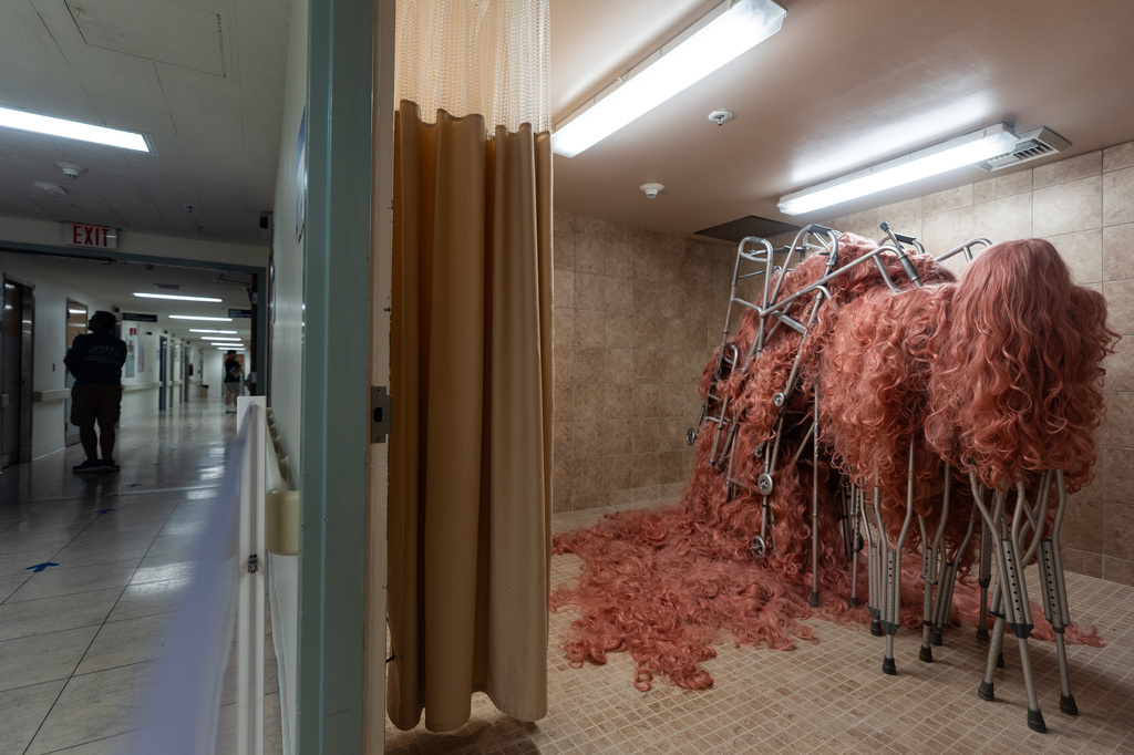 Moran Sanderovich's installation "Her Hair" is displayed during the "Hospital of Emotions" exhibition inside a former hospital building in Los Angeles, Wednesday, July 22, 2026. (AP Photo/Jae C. Hong)