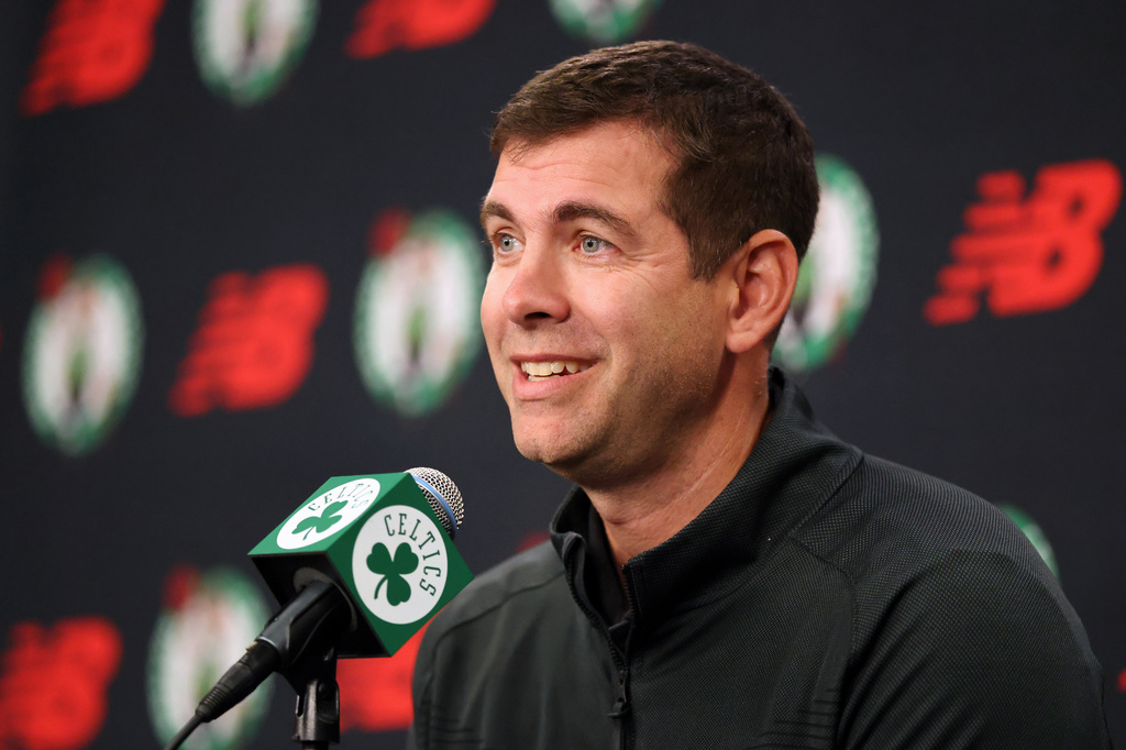 FILE - President of basketball operations Brad Stevens speaks at a news conference during the Boston Celtics NBA basketball media day, Sept. 29, 2025, in Boston. (AP Photo/Michael Dwyer, File)