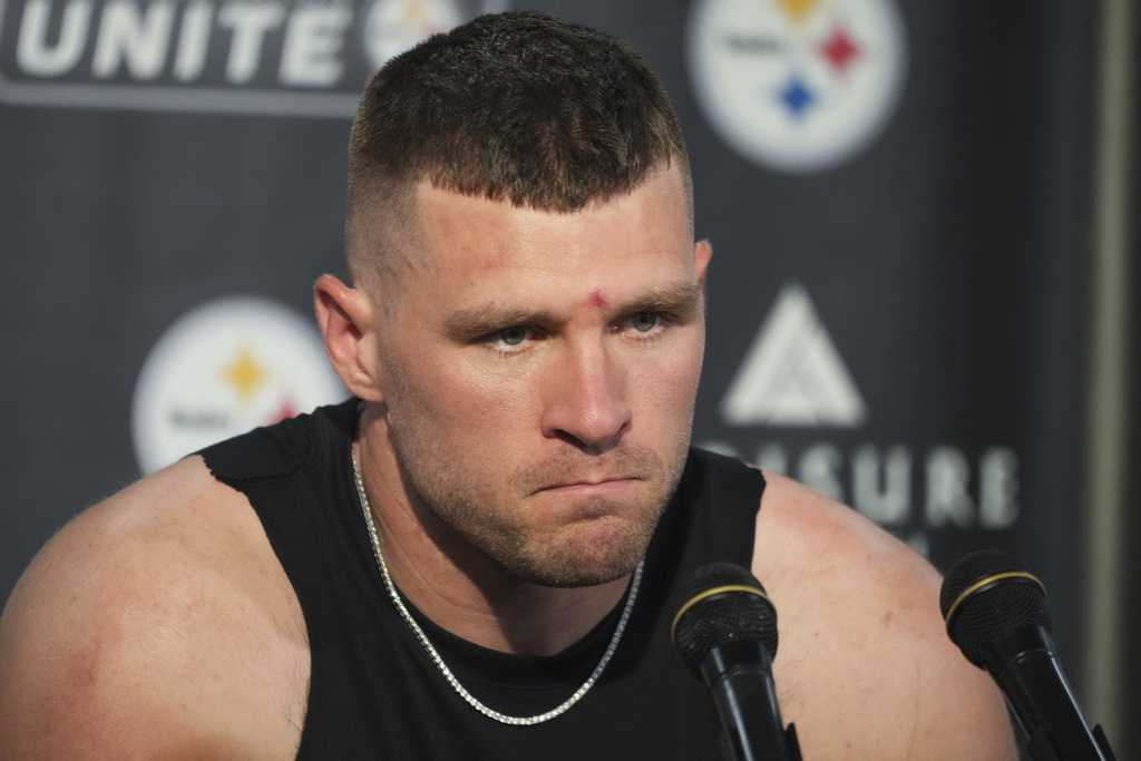 Pittsburgh Steelers linebacker T.J. Watt speaks during a news conference after an NFL football game against the Seattle Seahawks, Sunday, Sept. 14, 2025, in Pittsburgh. (AP Photo/Gene J Puskar)