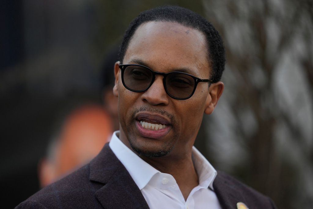 Yusef Jackson speaks during a news conference regarding the death of his father, the Rev. Jesse Jackson, outside the family home Wednesday, Feb. 18, 2026, in Chicago. (AP Photo/Erin Hooley)
