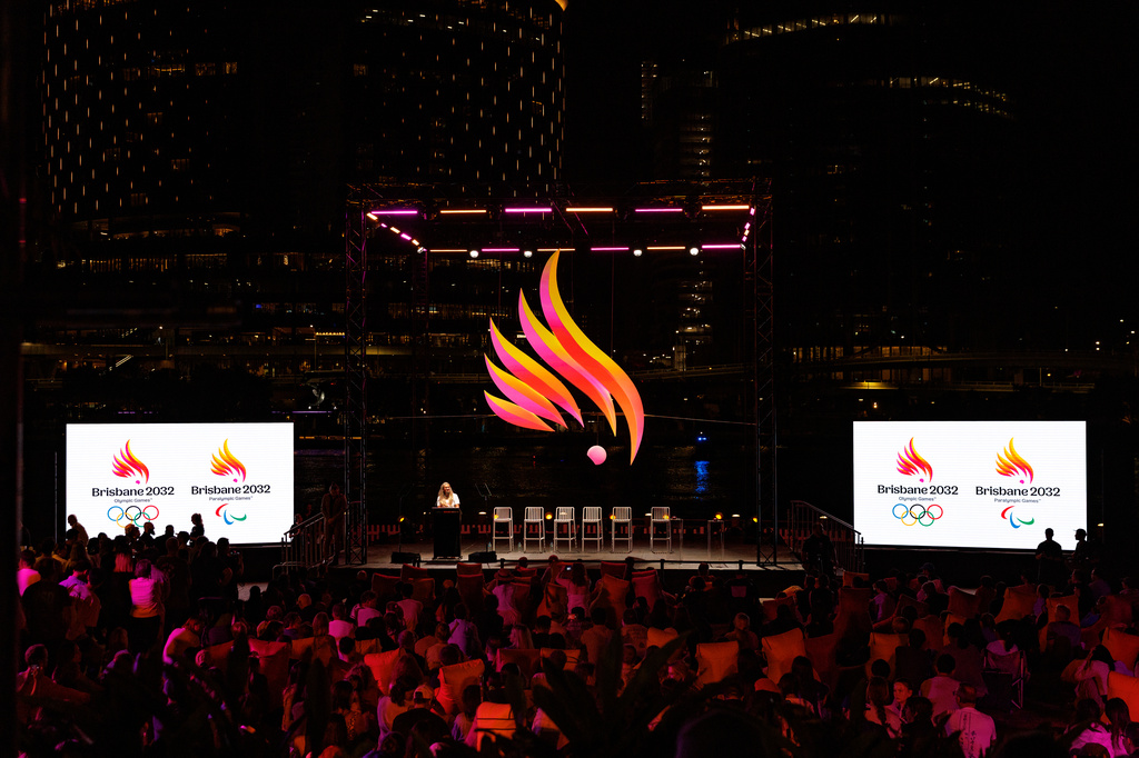 The 2032 OLYMPIC Emblems are revealed in Brisbane, Monday, October 5, 2026. (Russell Freeman/AAP Image via AP)