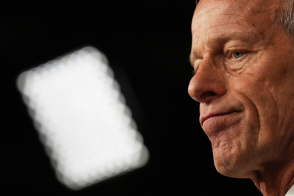 FILE - Senate Majority Leader John Thune, R-S.D., speaks to reporters at the U.S. Capitol in Washington, Sept. 30, 2025, as the U.S. government is on the brink of the first federal government shutdown in almost seven years.. (AP Photo/Jacquelyn Martin, File)