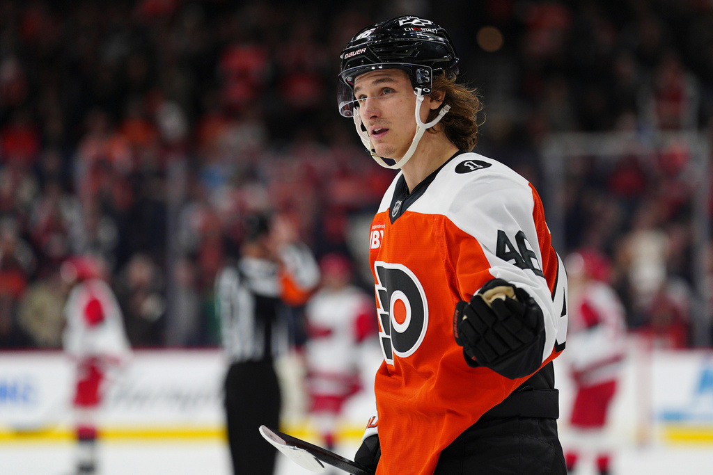 Philadelphia Flyers' Trevor Zegras celebrates after scoring during the first period of an NHL hockey game against the Carolina Hurricanes, Saturday, Dec. 13, 2025, in Philadelphia. (AP Photo/Derik Hamilton)