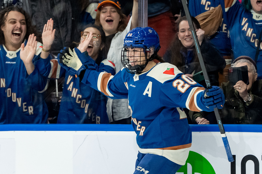 Vancouver Goldeneyes' Sarah Nurse (20) celebrates her goal against the Toronto Sceptres during the third period of a PWHL hockey game in Vancouver, British Columbia, Thursday, Jan. 22, 2026. (Ethan Cairns/The Canadian Press via AP)