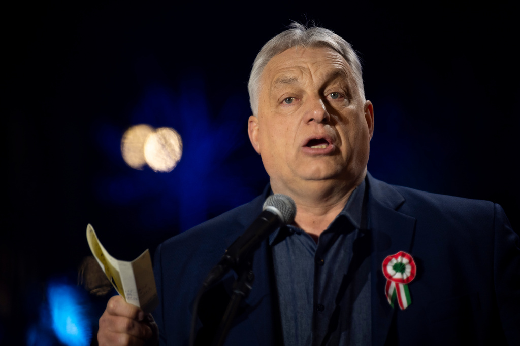 Prime minister of Hungary, Viktor Orbán speaks during a countryside campaign tour in Kaposvár, Hungary, Monday, March 16, 2026 ahead of April 12 parliamentary election. (AP Photo/Denes Erdos)