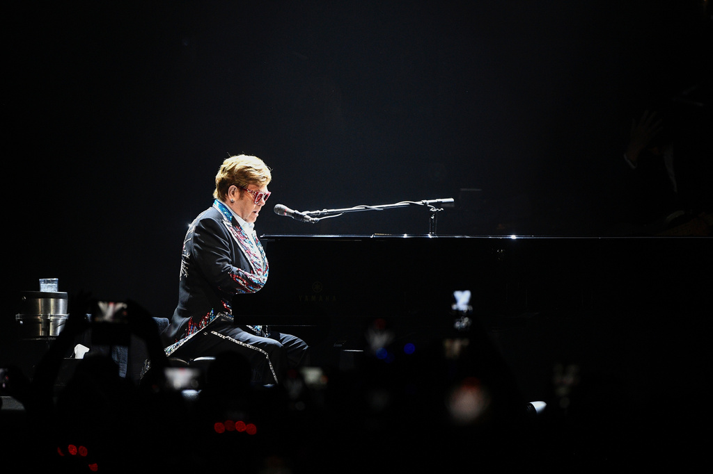 FILE - Elton John performs at the final leg of his 'Farewell Yellow Brick Road' tour in Stockholm, July 8, 2023. (AP Photo/Caisa Rasmussen, File)