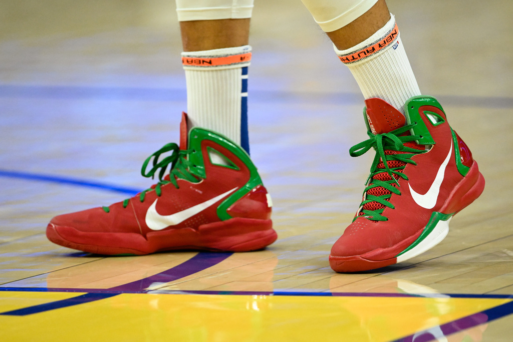 The shoes of Golden State Warriors' Stephen Curry before an NBA basketball game against the Dallas Mavericks, Thursday, Dec. 25, 2025, in San Francisco. (AP Photo/Eakin Howard)