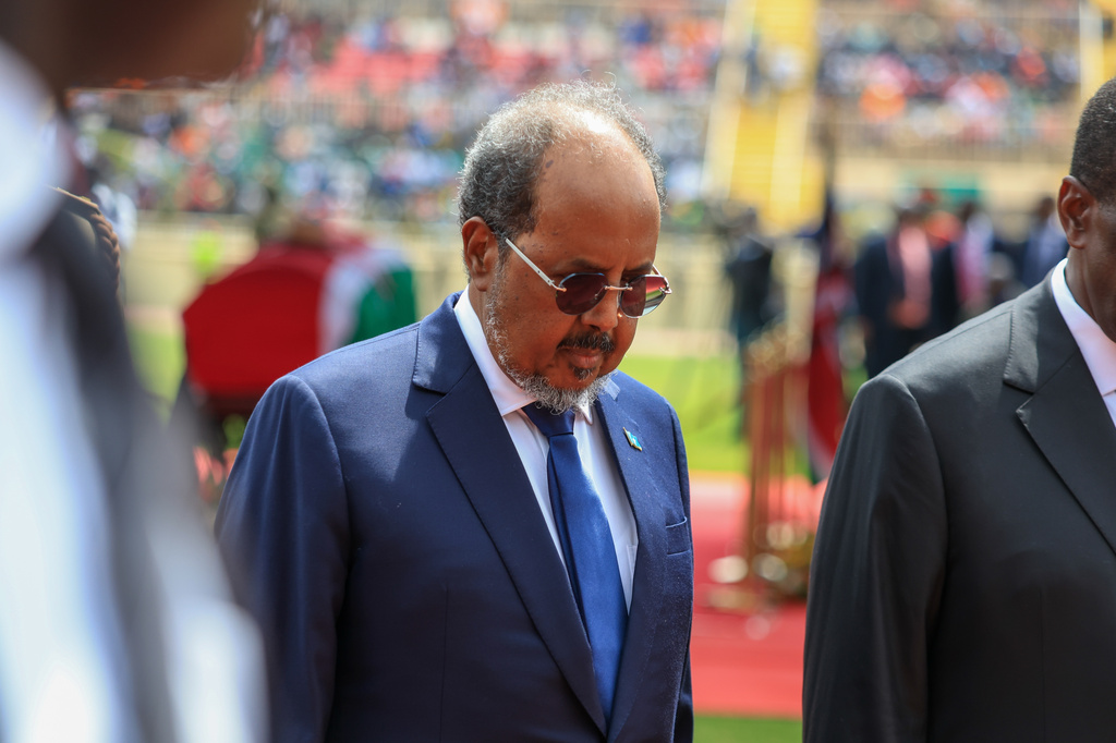 FILE -Somalia's President Hassan Sheikh Mohamud pays his respects at a state funeral for former Kenya Prime Minister Raila Odinga at Nyayo National Stadium in Nairobi, Kenya, Oct. 17, 2025. (AP Photo/Andrew Kasuku, File)