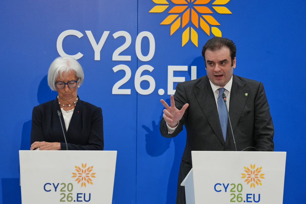 European Central Bank President Christine Lagarde, left, and President of the Eurogroup Kyriakos Pierrakakis talk to the media during the Eurogroup finance ministers meeting in capital Nicosia, Cyprus, Friday, May 22, 2026. (AP Photo/Petros Karadjias)