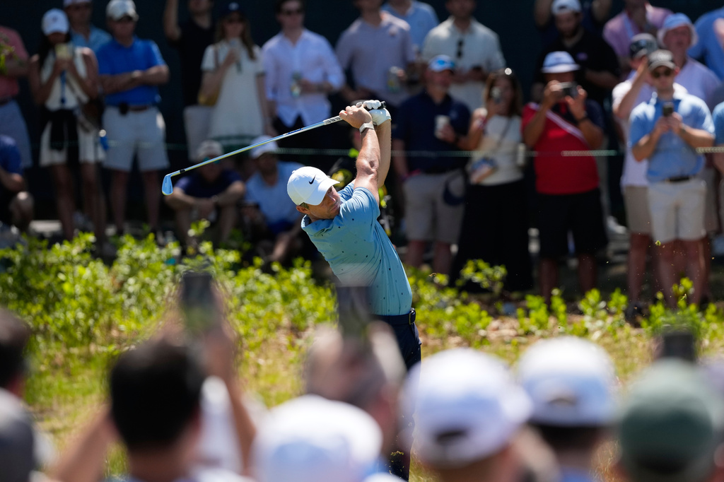 Rory McIlroy, of Northern Ireland, hits his tee shot on the second hole during the third round of the U.S. Open golf tournament at Shinnecock Hills Golf Club in Southampton, N.Y., Saturday, June 20, 2026.(AP Photo/David J. Phillip)