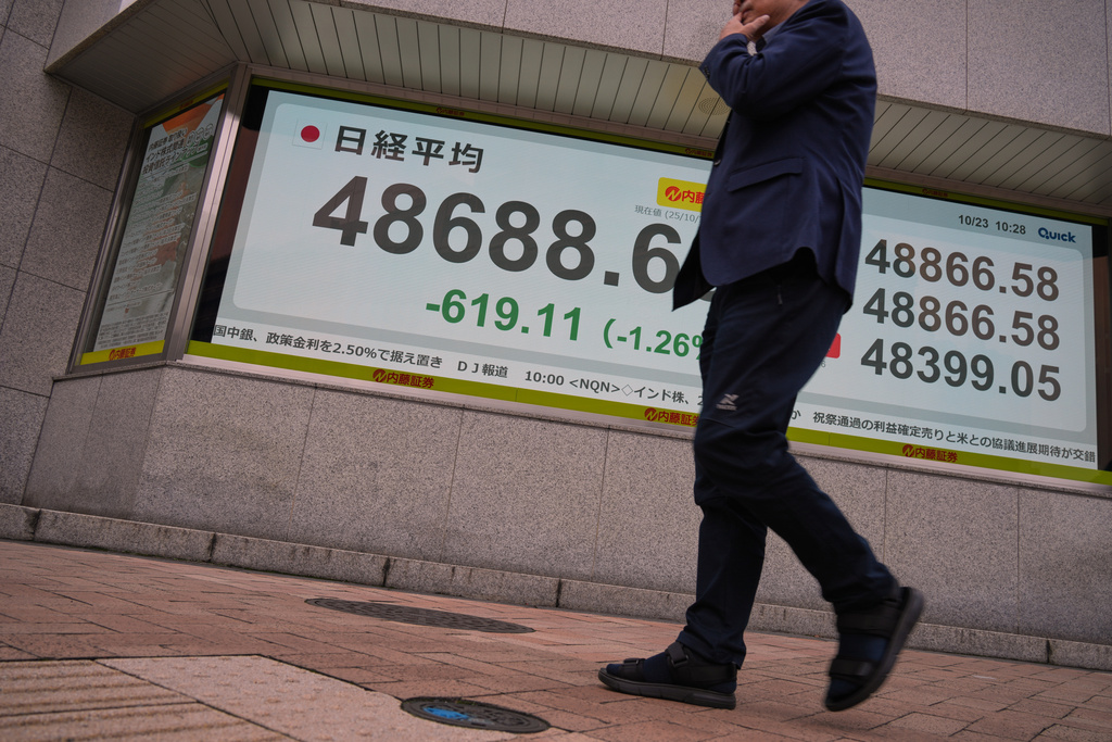 A person walks in front of an electronic stock board showing Japan's Nikkei index at a securities firm Thursday, Oct. 23, 2025, in Tokyo. (AP Photo/Eugene Hoshiko)