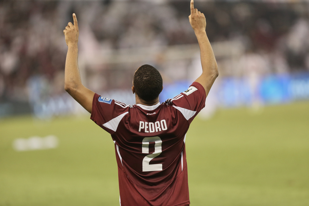 Qatar's Pedro Correia celebrates the win against United Arab Emirates after the end of the 2026 World Cup qualifying soccer match between Qatar and United Arab Emirates at the Hamad Bin Jassim Stadium in Doha, Tuesday, Oct. 14, 2025. (AP Photo/Hussein Sayed)