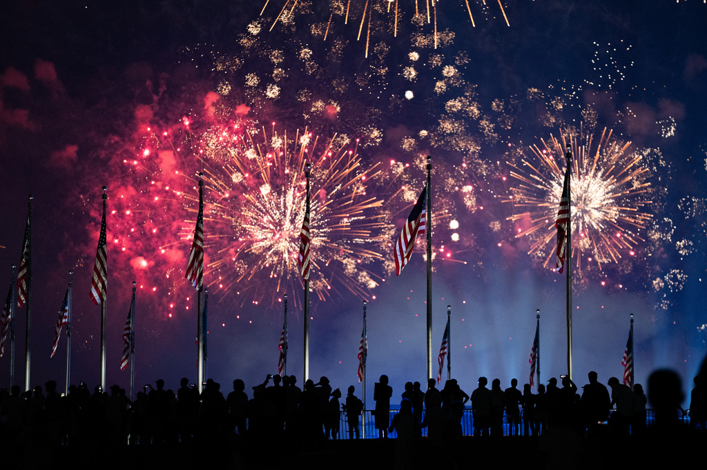 Fireworks over the National Mall during an Independence Day event honoring the nation's 250th anniversary, Sunday, July 5, 2026, in Washington. (AP Photo/Allison Robbert)