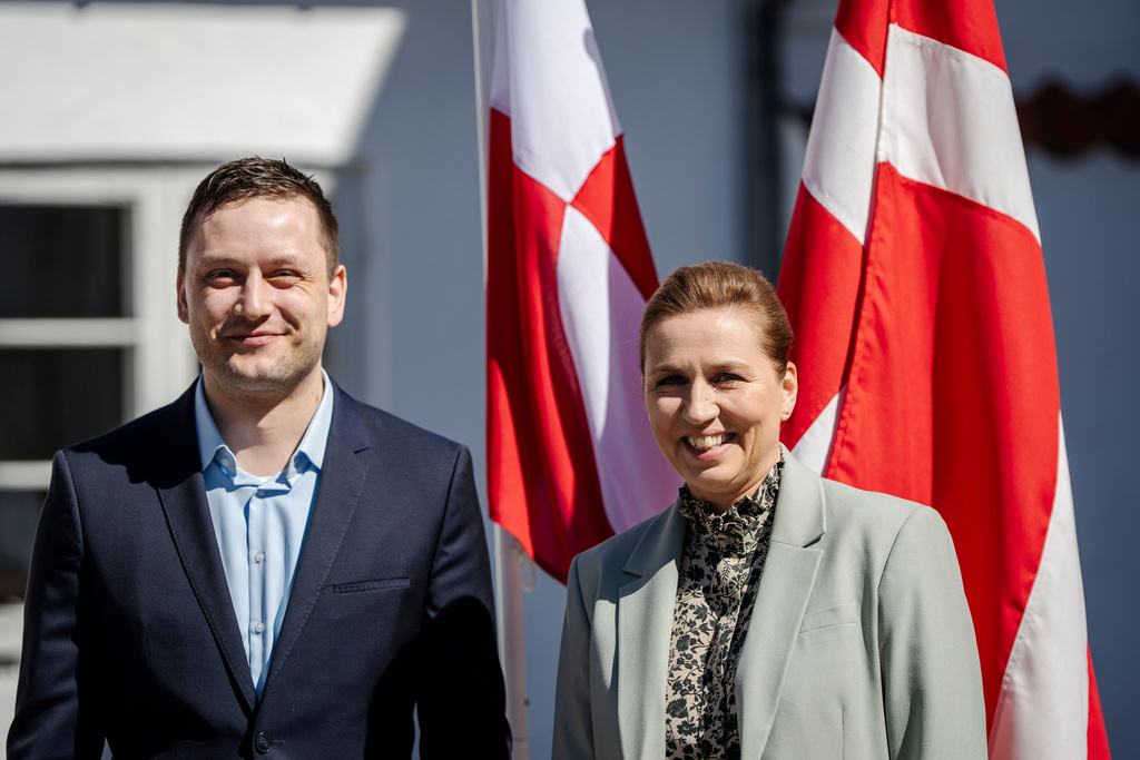 FILE - Denmark's Prime Minister Mette Frederiksen, right, and Greenland's Prime Minister Jens-Frederik Nielsen smile during their meeting at Marienborg in Kongens Lyngby, Denmark, on April 27, 2025. (Mads Claus Rasmussen/Ritzau Scanpix via AP, File)