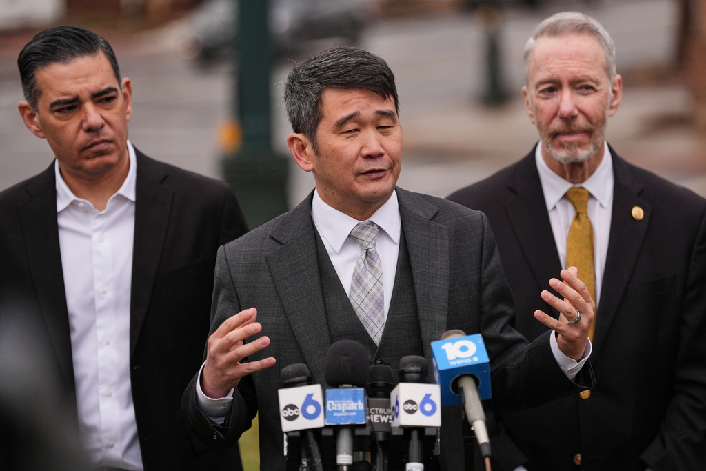 Rep. David Min, D-Calif., speaks during a press conference following the congressional deposition of Les Wexner in the Jeffrey Epstein case, Wednesday, Feb. 18, 2026, in New Albany, Ohio. (AP Photo/Joshua A. Bickel)