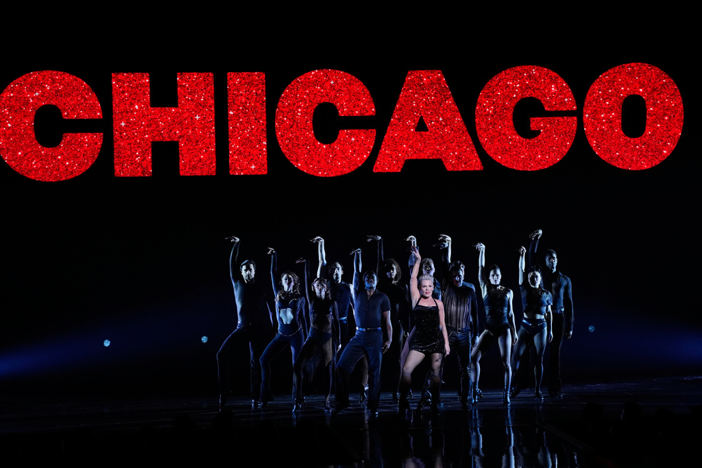 Host Pink, center, performs 'All That Jazz' from "Chicago" during the 79th Tony Awards on Sunday, June 7, 2026, at Radio City Music Hall in New York. (Photo by Charles Sykes/Invision/AP)