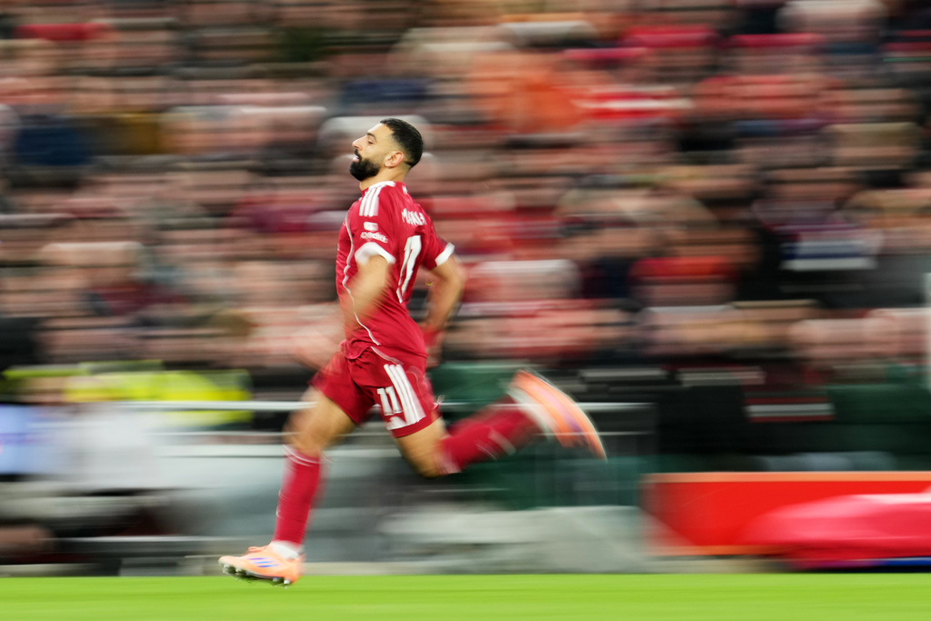 FILE - Liverpool's Mohamed Salah in action during the English Premier League soccer match between Liverpool and Brighton and Hove Albion in Liverpool, England, Dec. 13, 2025. (AP Photo/Jon Super, File)