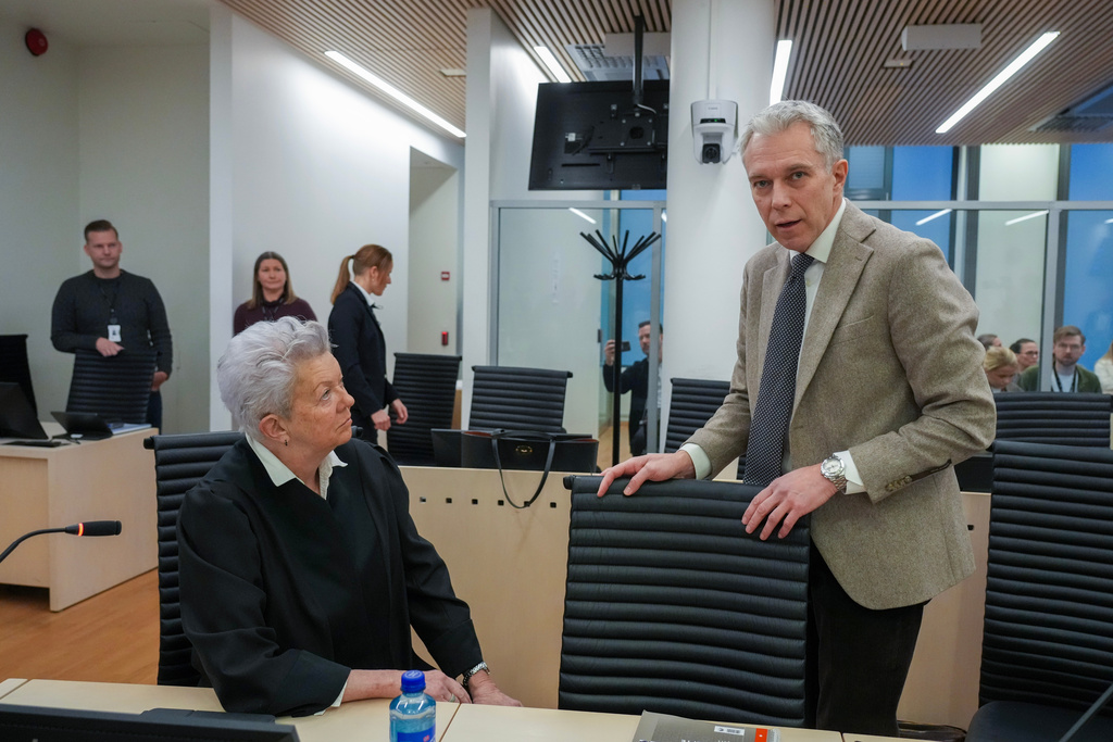 Defense attorneys Ellen Holager Andenaes, left, and Petar Sekulic, sit at the start of the first day of trial against Marius Borg Hoiby, charged with a total of 38 incidents, including four rapes, assault, violence, threats, damage, storage and delivery of marijuana, violation of a restraining order and violation of the Road Traffic Act, in Oslo, Norway, Tuesday Feb. 3, 2026.(Ole Berg-Rusten/NTB Scanpix via AP)