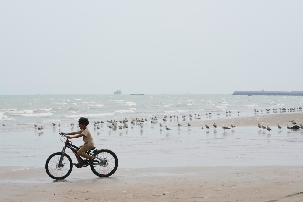 A boy rides a bicycle past gulls gathered along the shore of the Strait of Hormuz in Bandar Abbas, Iran, Monday, Sept. 7, 2026. (AP Photo/Vahid Salemi)