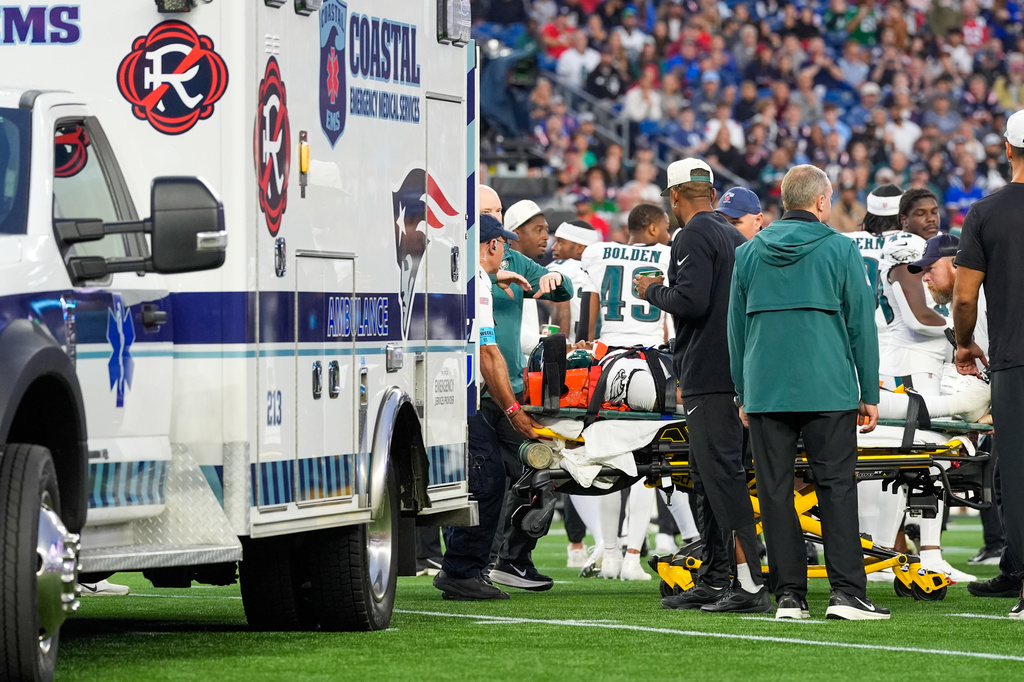 Philadelphia Eagles' Ja'Quinden Jackson is put into an ambulance after an injury against the New England Patriots during the first half of an NFL preseason football game, Saturday, Aug. 22, 2026, in Foxborough, Mass. (AP Photo/Robert F. Bukaty)