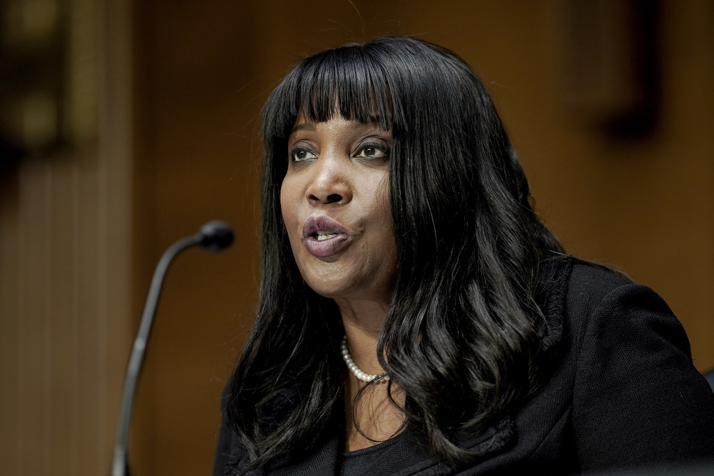 FILE - Lisa Cook, nominee to be a member of the Federal Reserve Board of Governors, speaks during the Senate Banking, Housing and Urban Affairs Committee confirmation hearing on Feb. 3, 2022, in Washington. (Ken Cedeno/Pool via AP, file)