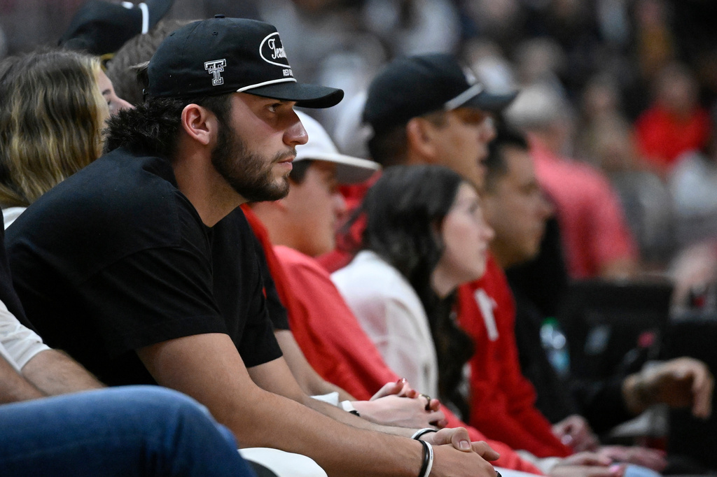 FILE - Texas Tech quarterback Brendan Sorsby watches the second half of an NCAA college basketball game between Texas Tech and Cincinnati, Feb. 24, 2026, in Lubbock, Texas. (AP Photo/Justin Rex, file)