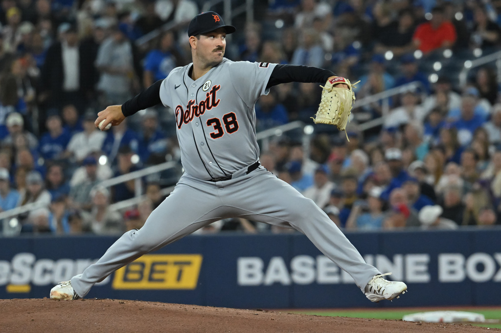 Detroit Tigers pitcher Drew Anderson (38) throws to a Toronto Blue Jays batter during the first inning of a baseball game in Toronto, Tuesday, Sept. 15, 2026. (Jon Blacker/The Canadian Press via AP)