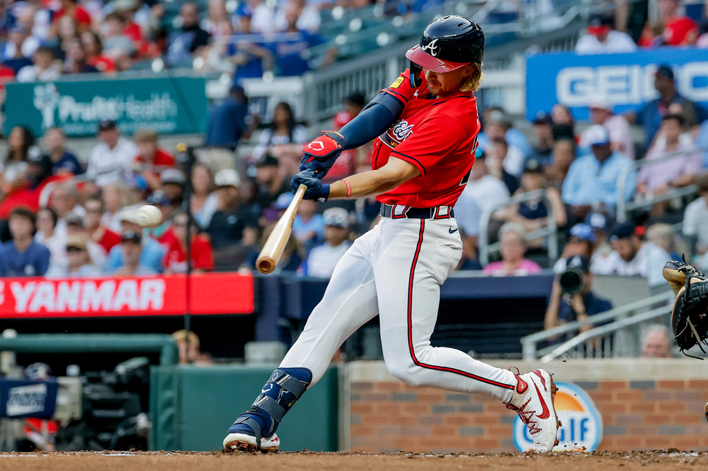 Atlanta Braves' Jim Jarvis hits an RBI single against the Washington Nationals during the second inning of a baseball game, Friday, July 31, 2026, in Atlanta. (AP Photo/Erik S. Lesser)